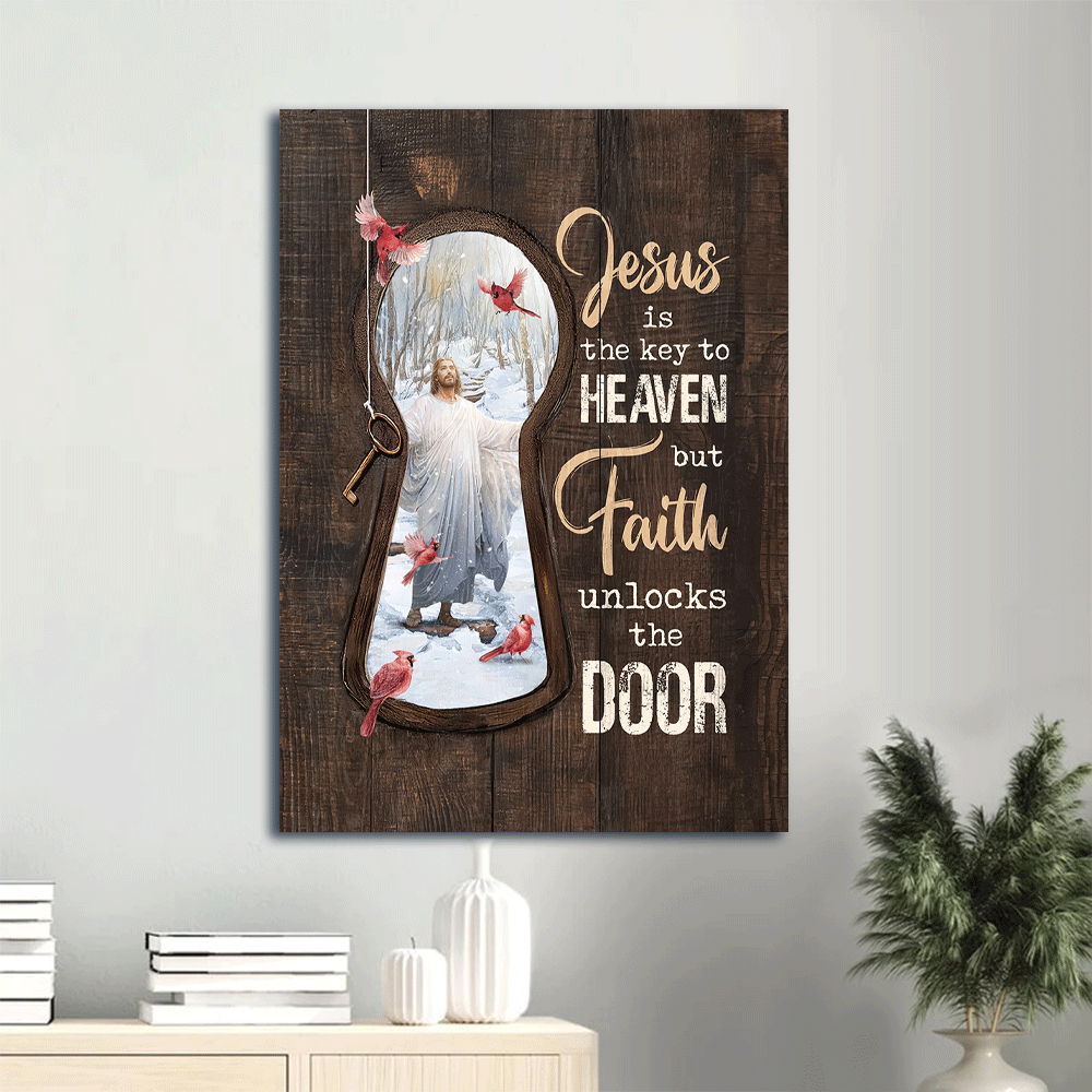 Jesus Portrait Canvas- Jesus Christ, Northern cardinal, Winter forest - Gift for Christian- Jesus is the key to heaven - Portrait Canvas Prints, Christian Wall Art