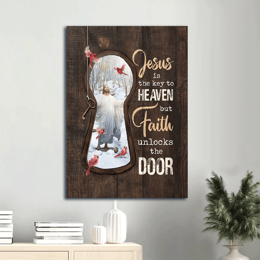 Jesus Portrait Canvas- Jesus Christ, Northern cardinal, Winter forest - Gift for Christian- Jesus is the key to heaven - Portrait Canvas Prints, Christian Wall Art