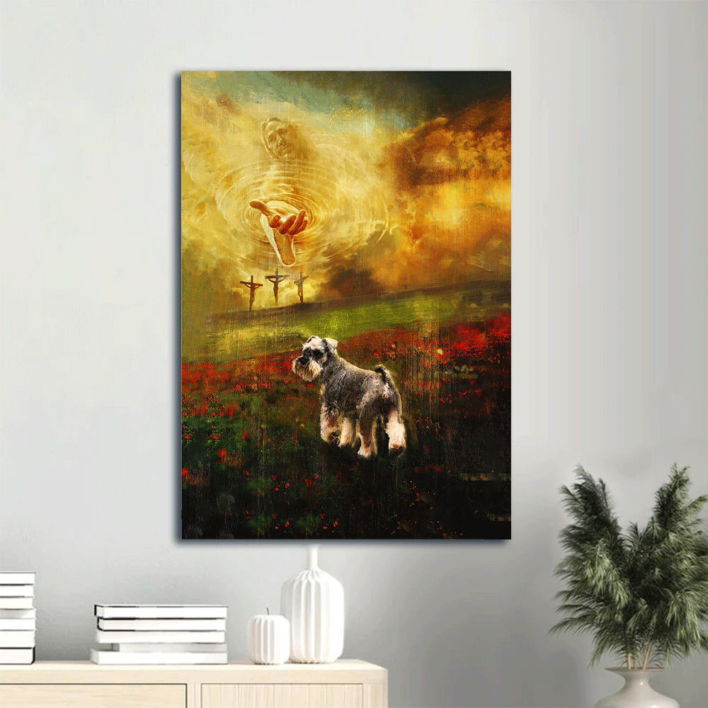 Jesus Portrait Canvas- Jesus Painting, Schnauzer, Flower Field, To the beautiful world- Gift for Christian, Dog lover - Schnauzer Portrait Canvas Prints, Wall Art
