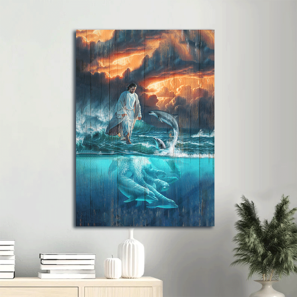 Jesus Portrait Canvas- Jesus Painting, Walking on the sea, Beautiful Dolphin - Gift for Christian- Portrait Canvas Prints, Wall Art