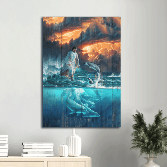 Jesus Portrait Canvas- Jesus Painting, Walking on the sea, Beautiful Dolphin - Gift for Christian- Portrait Canvas Prints, Wall Art