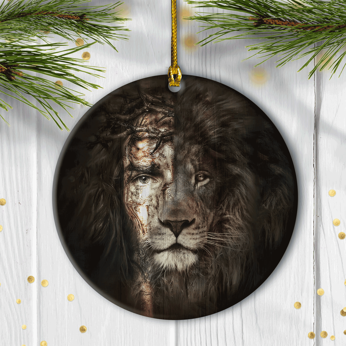 Jesus And Lion - Circle Ceramic Ornament - The Perfect Combination - Gift For Religious Christian