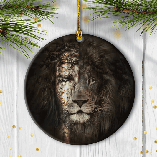 Jesus And Lion - Circle Ceramic Ornament - The Perfect Combination - Gift For Religious Christian