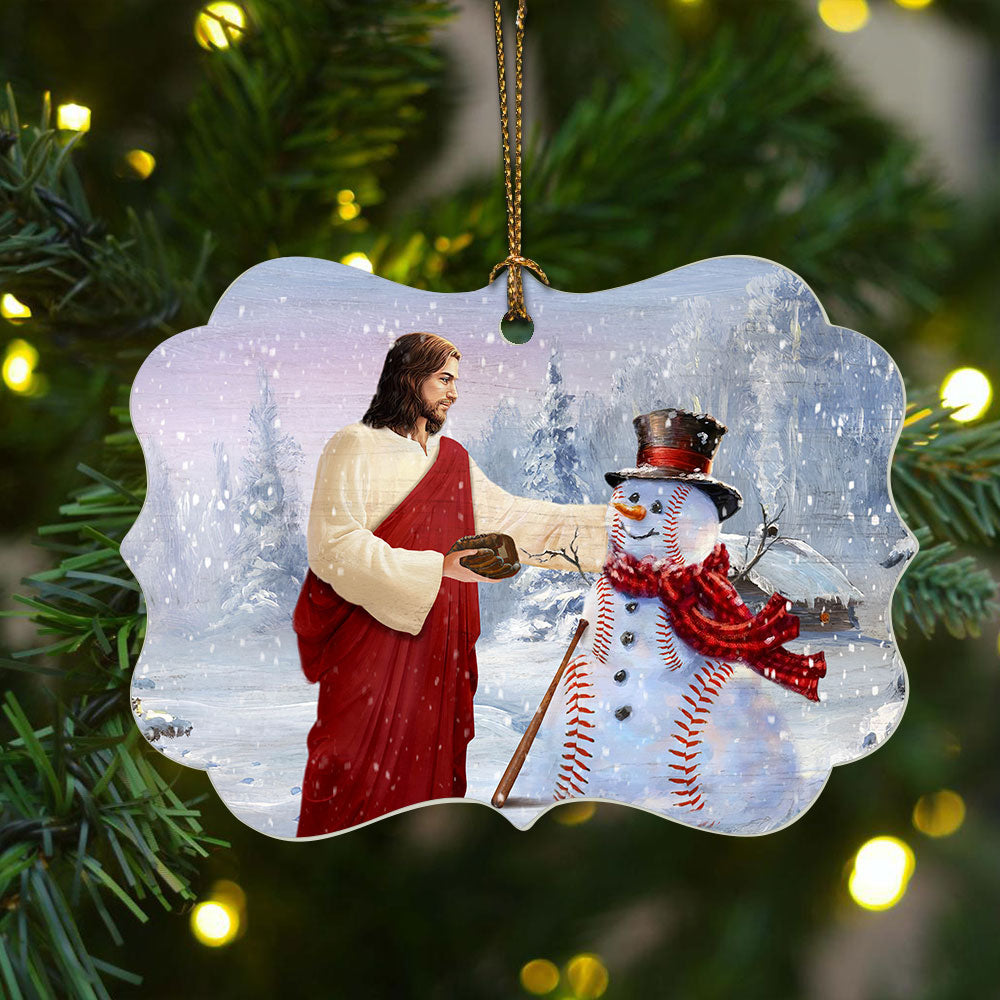 Jesus Benelux Aluminum Ornament - Jesus Art Work, Baseball Bat, Christmas With Snowman - Gift Christian For Christmas