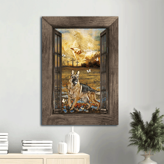 Jesus Portrait Canvas- Jesus calls, German Shepherd drawing, Blue flower field, Old farm canvas- Gift for Christian - Portrait Canvas Prints, Christian Wall Art