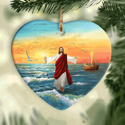 Jesus Heart ceramic Ornament- Jesus Is Light, My Savior, Jesus Walks On The Water, Sunset Heart ceramic Ornament - Christian Gift