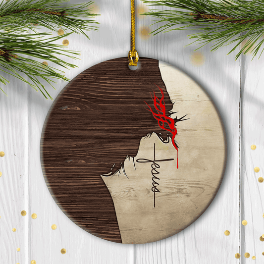 Jesus Circle Ceramic Ornament - Gift for Religious Christian - Jesus on wooden background
