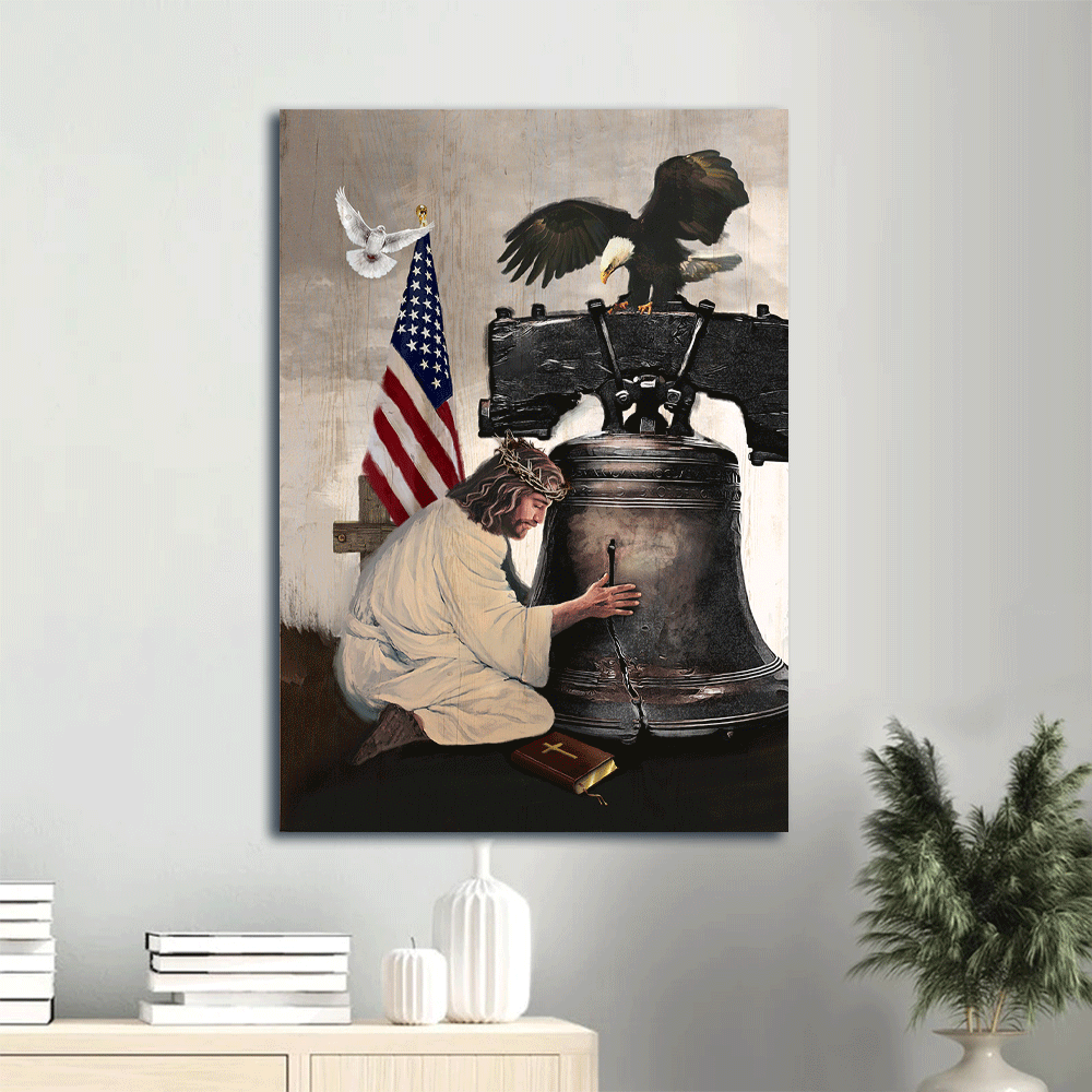 Jesus Portrait Canvas- Jesus painting, Eagle and the US Flag, The broken bell canvas- Gift for Christian - Portrait Canvas Prints, Wall Art