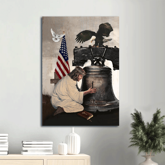 Jesus Portrait Canvas- Jesus painting, Eagle and the US Flag, The broken bell canvas- Gift for Christian - Portrait Canvas Prints, Wall Art