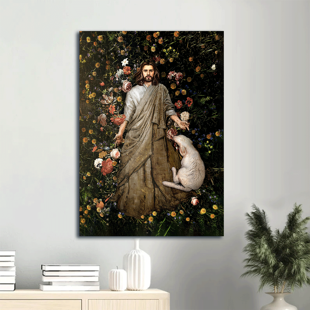 Jesus Portrait Canvas- Jesus painting, Flower garden, White sheep, The life of Jesus - Gift for Christian- Portrait Canvas Prints, Christian Wall Art
