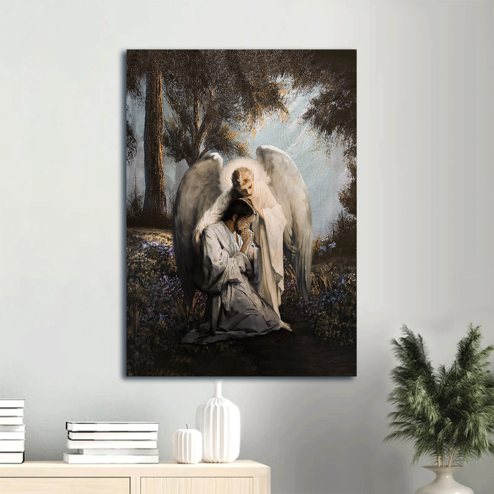 Jesus Portrait Canvas- Jesus painting, Forest landscape, Angel painting, Jesus praying with angel- Gift for Christian - Portrait Canvas Prints, Christian Wall Art