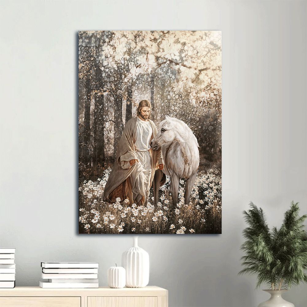 Jesus Portrait Canvas- Jesus painting, Horse drawing, Walking with Jesus, White horse in the beautiful forest- Gift for Christian - Portrait Canvas Prints, Christian Wall Art