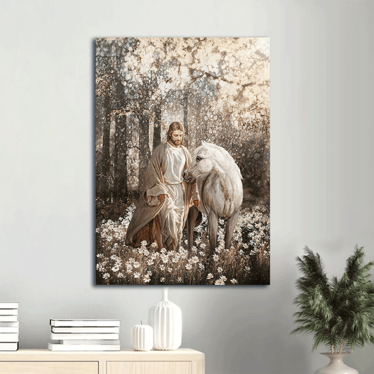 Jesus Portrait Canvas- Jesus painting, Horse drawing, Walking with Jesus, White horse in the beautiful forest- Gift for Christian -  Portrait Canvas Prints, Christian Wall Art