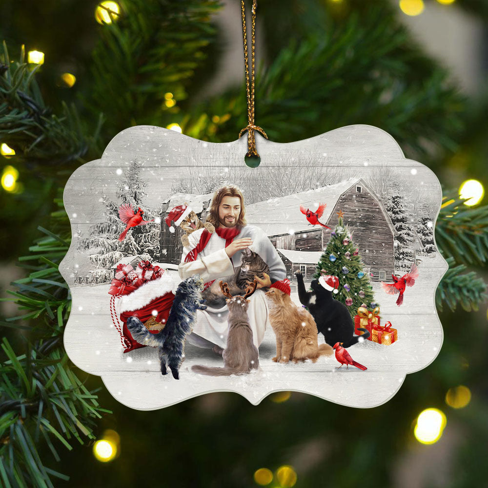 Jesus Aluminum Ornament - Jesus Painting, Jesus And Cats, Cardinal Bird Aluminum Ornament - Christian Gift For Christmas, Cat Lovers