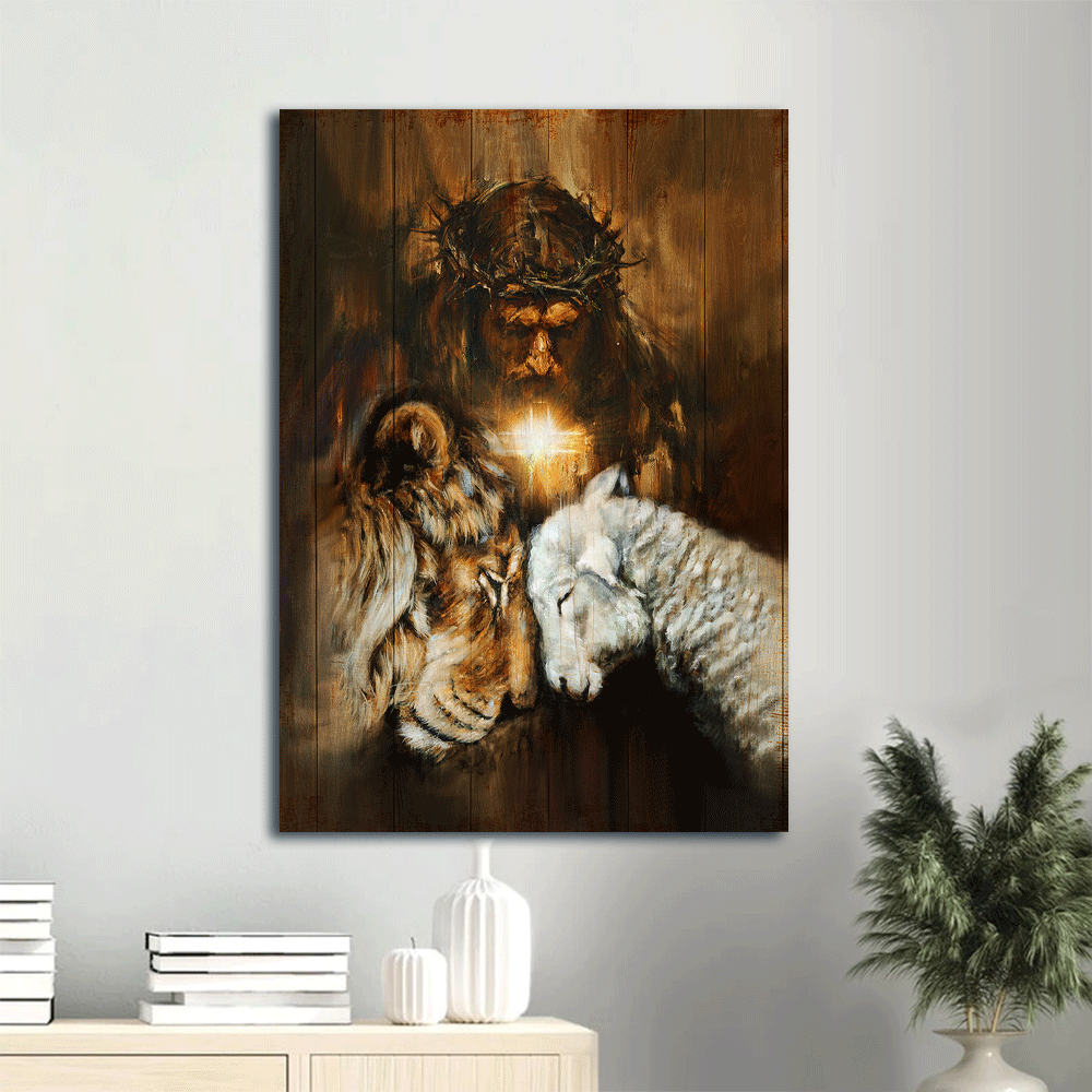 Jesus Portrait Canvas- Jesus painting, Lion and lamb, Cross symbol, Beautiful night - Gift for Christian - Portrait Canvas Prints, Wall Art