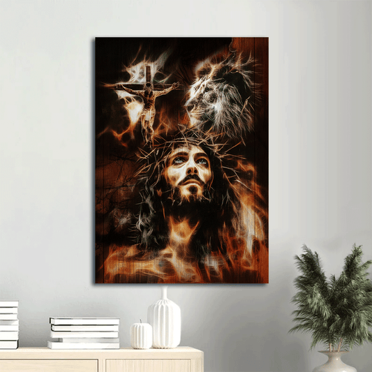 Jesus Portrait Canvas- Jesus painting, Lion of Judah, The flame, The sacrifice of Jesus Christ - Gift for Christian - Portrait Canvas Prints, Christian Wall Art