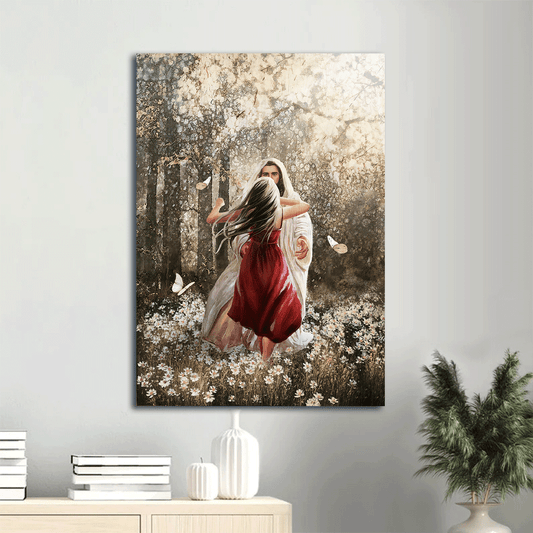 Jesus Portrait Canvas- Jesus painting, Little girl drawing, Into the arms of Jesus, Beautiful forest, Flower field, White butterfly- Gift for Christian - Portrait Canvas Prints, Christian Wall Art