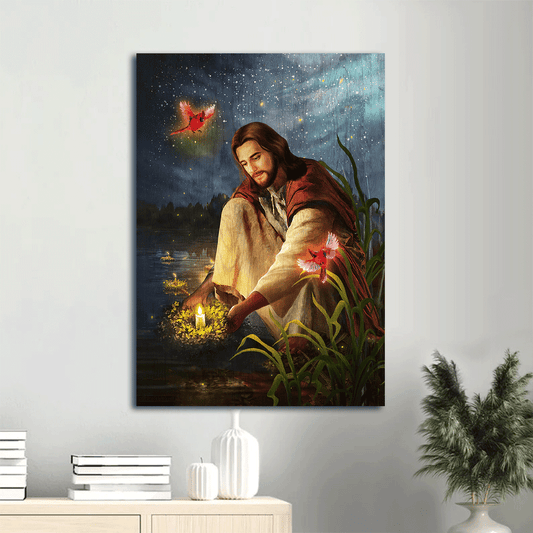 Jesus Portrait Canvas- Jesus painting, Red cardinal, Advent candles, In a wonderful night full of stars - Portrait Canvas Prints, Christian Wall Art