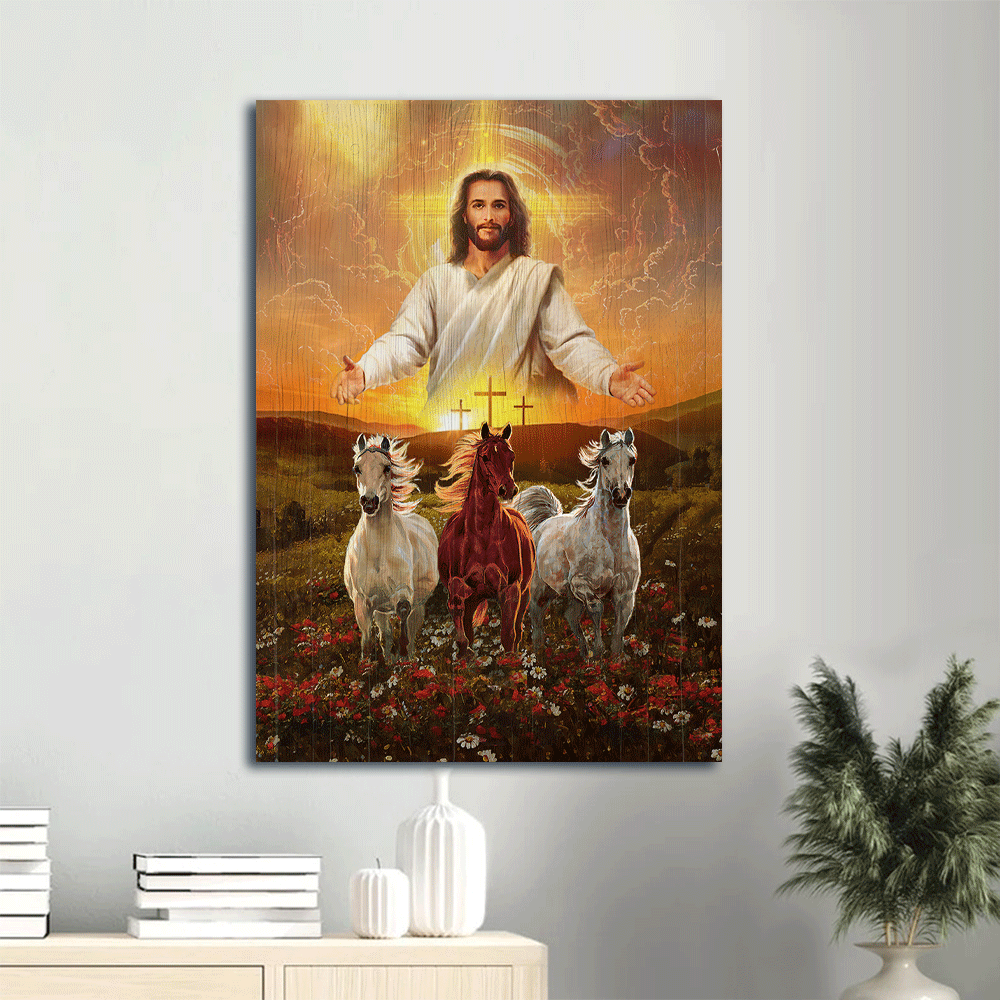 Jesus Portrait Canvas- Jesus painting, Three wooden crosses, Gorgeous horses running at sunrise- Gift for Christian - Portrait Canvas Prints, Christian Wall Art