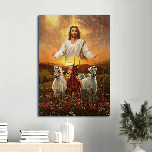 Jesus Portrait Canvas- Jesus painting, Three wooden crosses, Gorgeous horses running at sunrise- Gift for Christian - Portrait Canvas Prints, Christian Wall Art