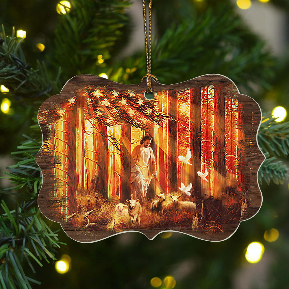 Jesus Aluminum Ornament - Jesus Painting, Walking With The Lambs, US Flag Aluminum Ornament - Christian Gift For Christmas