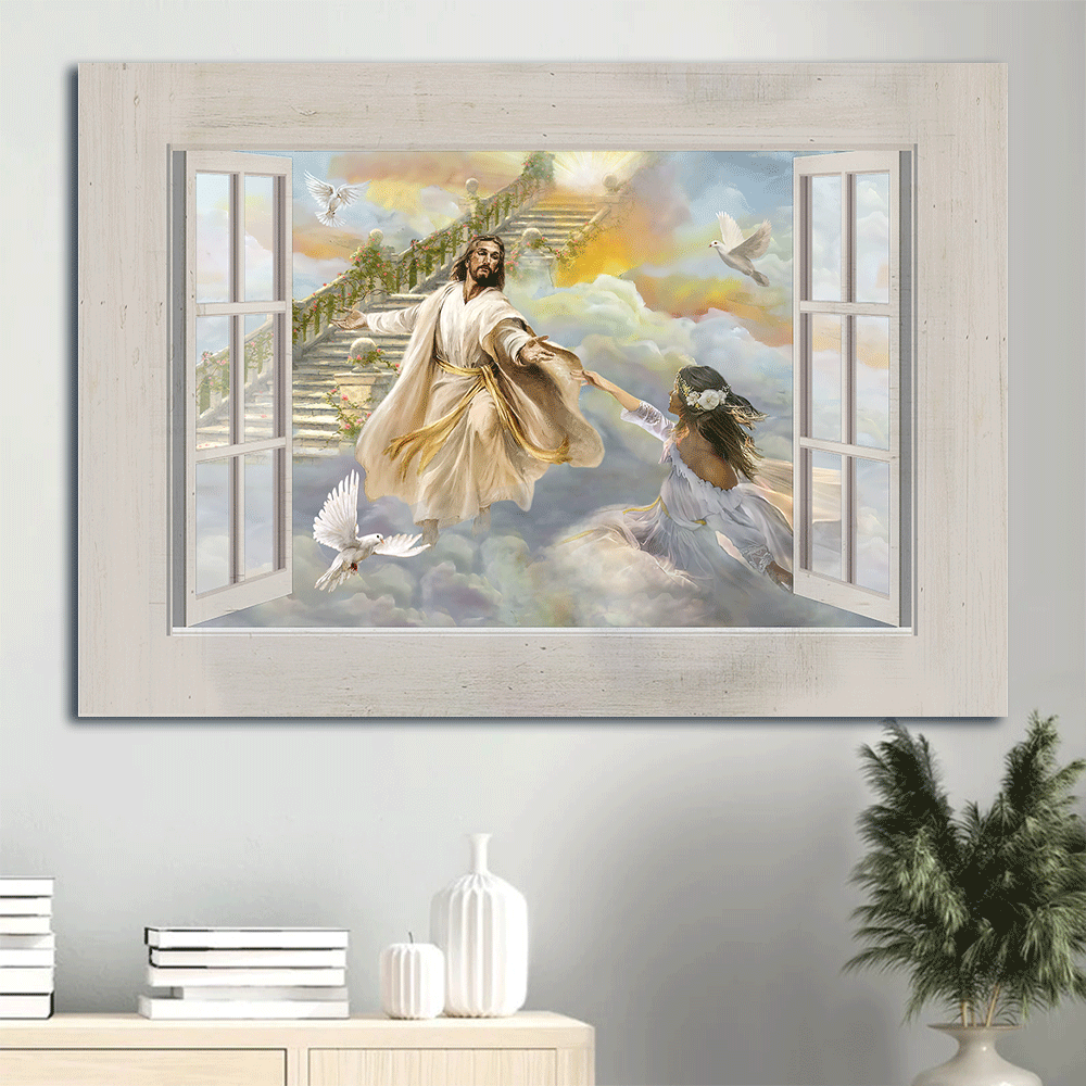 Jesus Landscape Canvas- Jesus painting, Beautiful girl, White dove, The way to heaven, Take my hand - Gift for Christian - Landscape Canvas Prints, Christian Wall Art