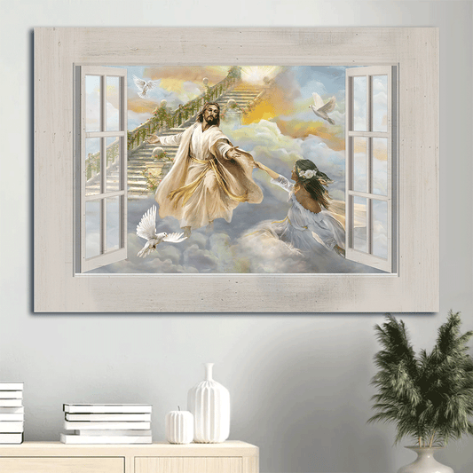 Jesus Landscape Canvas- Jesus painting, Beautiful girl, White dove, The way to heaven, Take my hand - Gift for Christian - Landscape Canvas Prints, Christian Wall Art