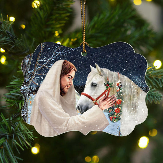 Jesus Circle Ceramic Ornament - White horse Circle Ceramic Ornament - Christian Gift - Jesus and White horse during the night