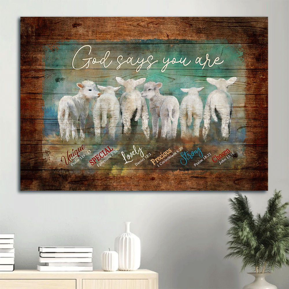 Jesus Landscape Canvas - Adorable Baby Lambs Landscape Canvas - Gift For Religious Christian - God Says You Are Unique