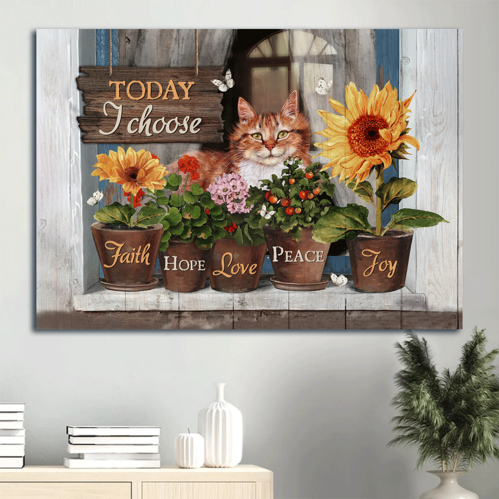 Jesus Landscape Canvas- Lazy cat, Pretty flower vase, Big sunflower, Today I choose joy canvas- Gift for Christian- Landscape Canvas Prints, Christian Wall Art