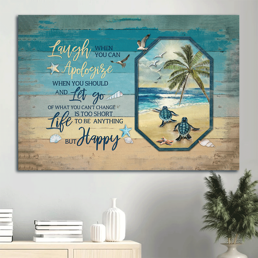 Jesus Landscape Canvas- Sea turtle, Sand beach painting- Gift for Christian- Life is too short to be anything but happy - Turtle Landscape Canvas Prints, Wall Art