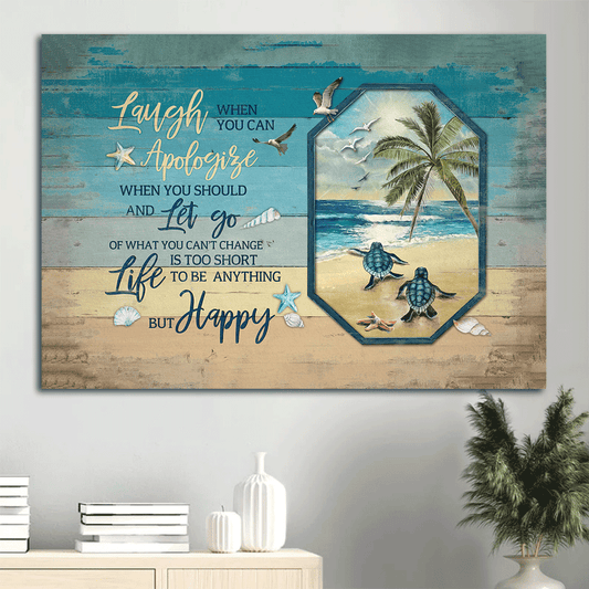 Jesus Landscape Canvas- Sea turtle, Sand beach painting- Gift for Christian- Life is too short to be anything but happy - Turtle Landscape Canvas Prints, Wall Art