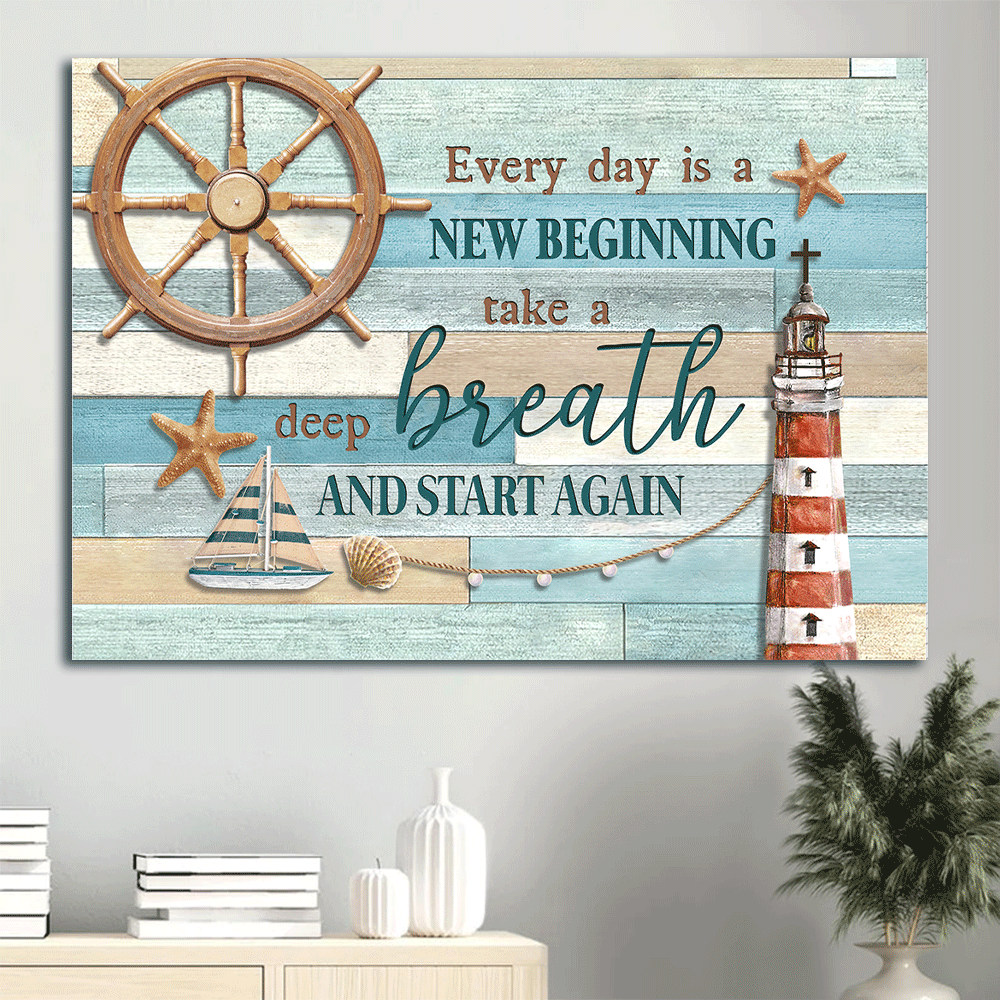 Jesus Landscape Canvas- Lighthouse, Helm, Boat canvas- Gift for Christian- Every day is a new beginning - Landscape Canvas Prints, Wall Art