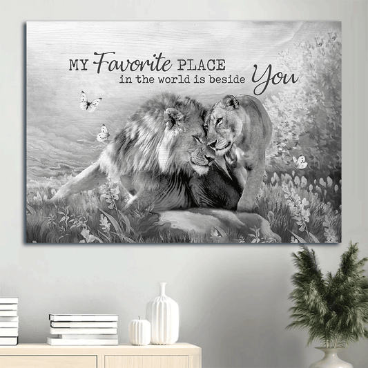 Couple Landscape Canvas- Lion couple, Black and white painting, A peaceful time- Anniversary gift for couple, lover- My favorite place in this world is beside you - Landscape Canvas Prints, Wall Art