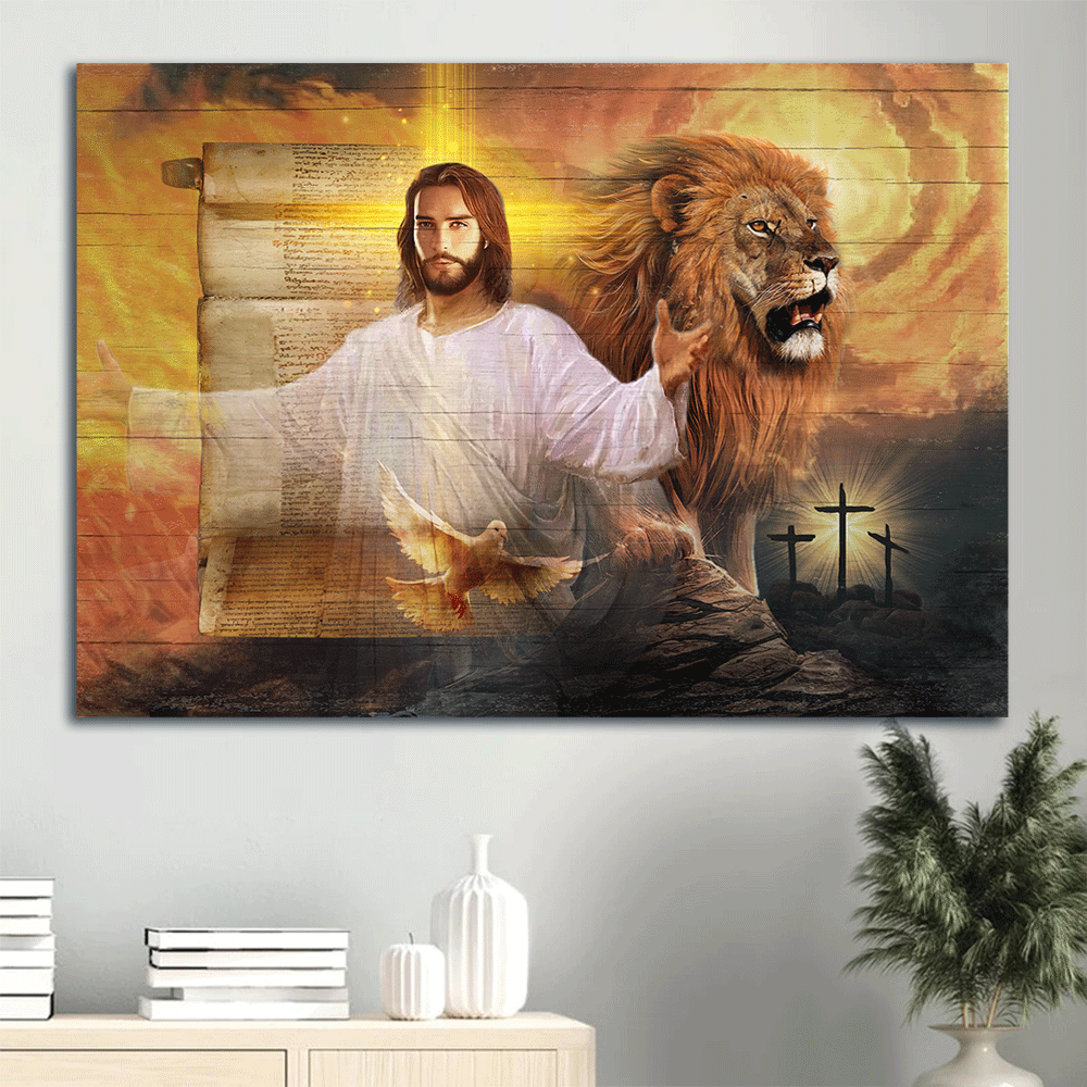 Jesus Landscape Canvas- Lion of Judah, Dove of peace, Three wooden crosses, Silhouette of Jesus in heaven canvas- Gift for Christian - Landscape Canvas Prints, Christian Wall Art
