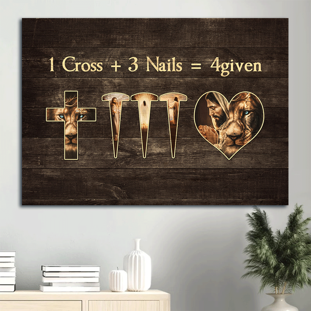 Jesus Landscape Canvas- Lion of Judah, Jesus painting, 1 Cross 3 Nails, Forgiven- Gift for Christian - Landscape Canvas Prints, Christian Wall Art