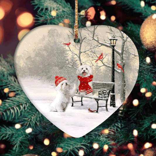 Maltese Heart Ceramic Ornament - Maltese, red cardinals - Winter - On a date  - Christmas Gift for Maltese Lover
