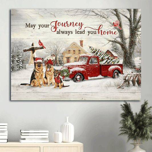 Jesus And German Shepherd Landscape Canvas - Merry Christmas, German Shepherd,  Red Cardinal, Winter Forest, Red Jeep Car, Wooden Cross- Gift For German Shepherd Lover, Christian- May Your Journey Always Lead You Home-  Landscape Canvas