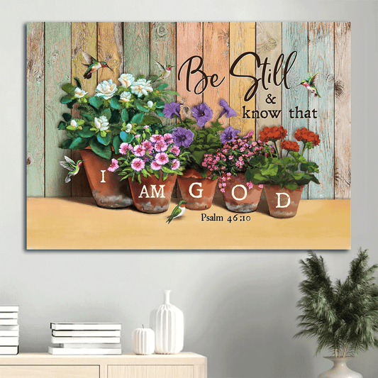 Jesus Landscape Canvas- Mexican petunia, Flower garden, Hummingbird canvas- Gift for Christian- Be still and know that I am God - Landscape Canvas Prints, Christian Wall Art