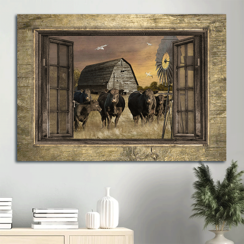 Farm Landscape Canvas - Old barn painting, Aberdeen Angus, Countryside Landscape, Windmill Landscape Canvas - Gift For Farmer Landscape Canvas
