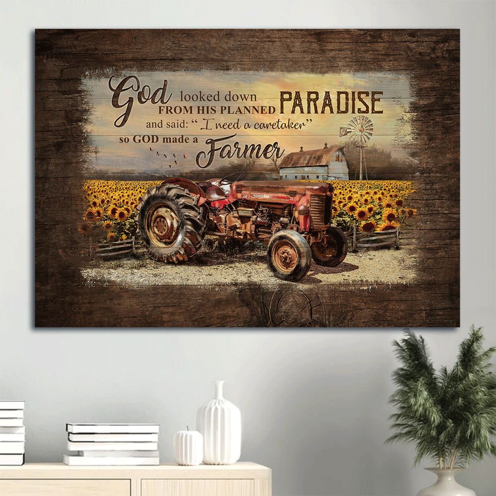 Farm Landscape Canvas - Old red truck, Sunflower field, Old barn Painting Landscape Canvas - Gift For Farmer - God need a caretaker so he made a farmer Landscape Canvas