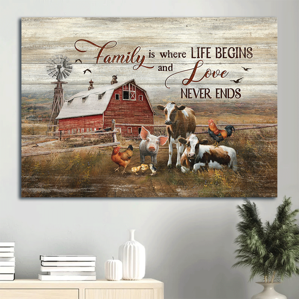 Family Landscape Canvas - Peace farm, Old barn, Dairy cow Landscape Canvas - Gift For Family member - Family is where life begins Landscape Canvas
