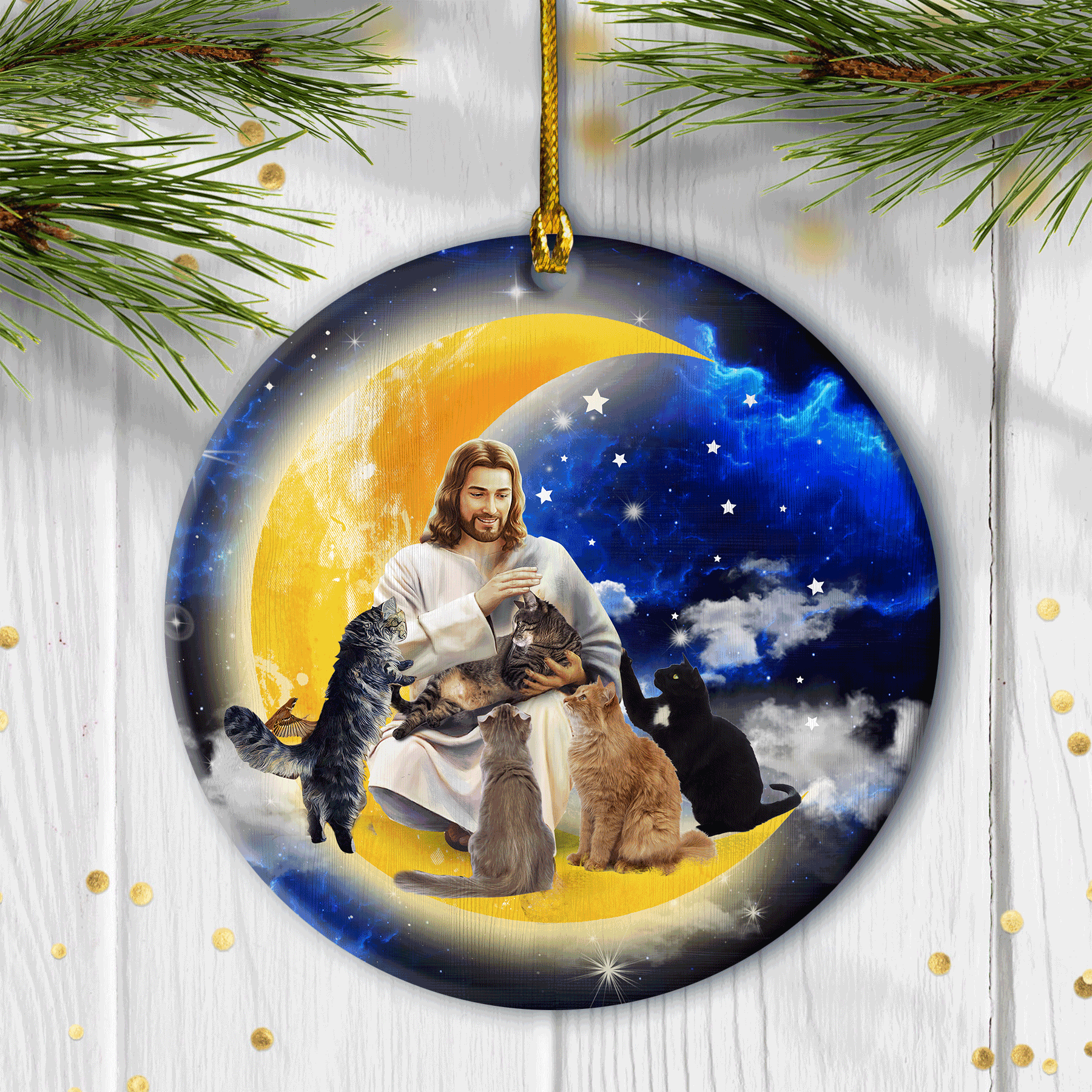 Jesus and The Cats - Ceramic Circle Ornament - The beautiful Night, Cute Cats - Jesus, God, Faith Painting - Gift for Religious Christian, Cat Lover