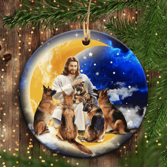 Jesus Circle Ceramic Ornament - German Shepherd, beautiful Night - Gift for Religious Christian, German Shepherd lover