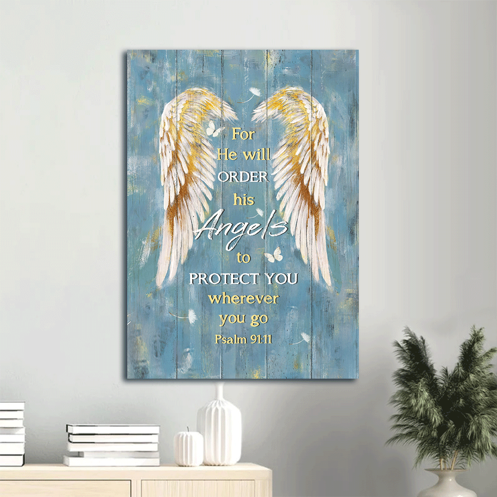 Memorial Portrait Canvas- Pretty angel wings, Blue sky- Gift for Family- For he will order his angels to protect you - Heaven Portrait Canvas Prints, Wall Art