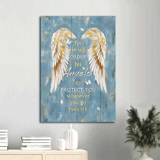 Memorial Portrait Canvas- Pretty angel wings, Blue sky- Gift for Family- For he will order his angels to protect you - Heaven Portrait Canvas Prints, Wall Art