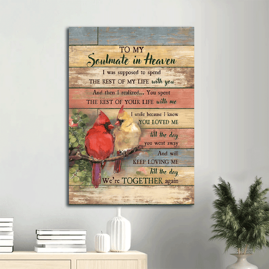 Memorial Portrait Canvas- Pretty cardinal, Spring forest, To my soulmate in heaven canvas- Gift for members family - Heaven Portrait Canvas Prints, Wall Art