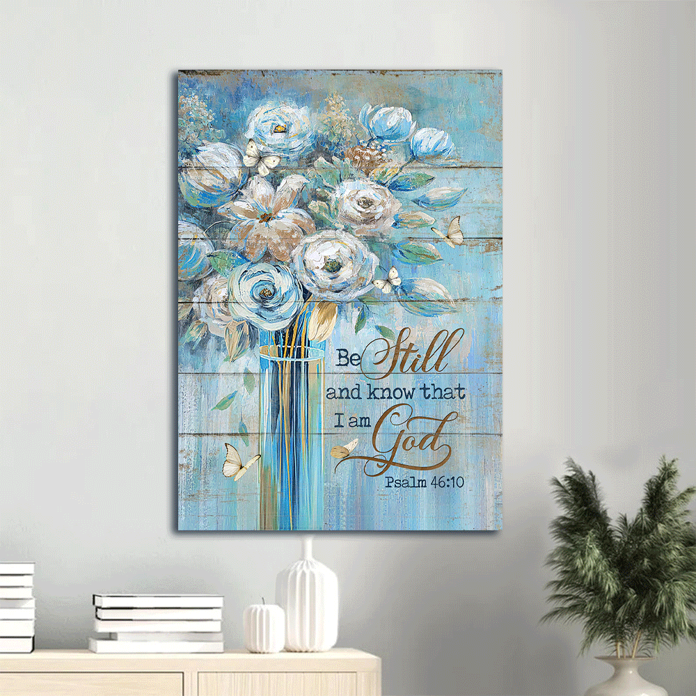 Jesus Portrait Canvas- Pretty flower painting, White butterfly, Bible verse canvas- Gift for Christian- Be still & know that I am God - Portrait Canvas Prints, Christian Wall Art