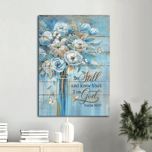 Jesus Portrait Canvas- Pretty flower painting, White butterfly, Bible verse canvas- Gift for Christian- Be still & know that I am God - Portrait Canvas Prints, Christian Wall Art