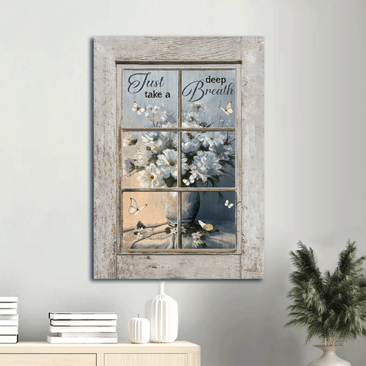 Jesus Portrait Canvas- Pretty flower vase, Still life painting, Butterfly canvas- Gift for Christian- Just take a deep breath - Portrait Canvas Prints, Christian Wall Art